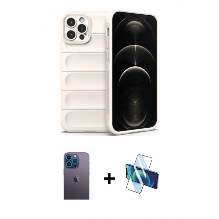 MARSİLYAN™- iPhone 12 Pro Kılıf Atlas Koleksiyonu - Siyah 3D Antistatik Seramik Nano Ekran Koruyucu + Neon Fosforlu Kamera Lens - MI