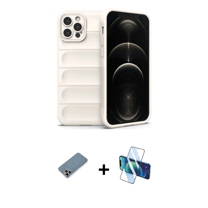 MARSİLYAN™- iPhone 12 Pro Kılıf Atlas Koleksiyonu - Siyah 3D Antistatik Seramik Nano Ekran Koruyucu + Metal Kamera Lens Koruma Cam - MR