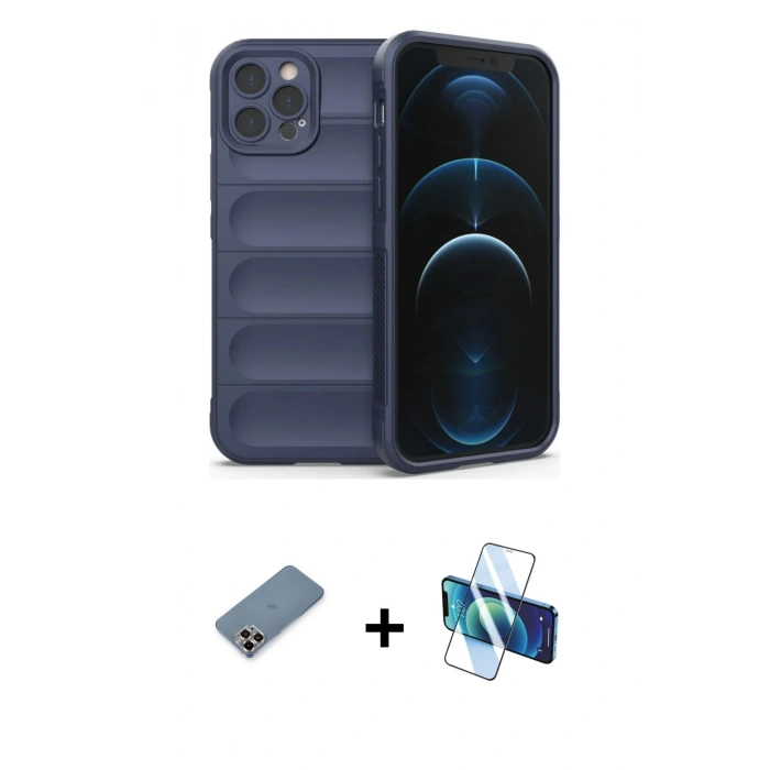 MARSİLYAN™- iPhone 12 Pro Kılıf Atlas Koleksiyonu - Siyah 3D Antistatik Seramik Nano Ekran Koruyucu + Metal Kamera Lens Koruma Cam - MR