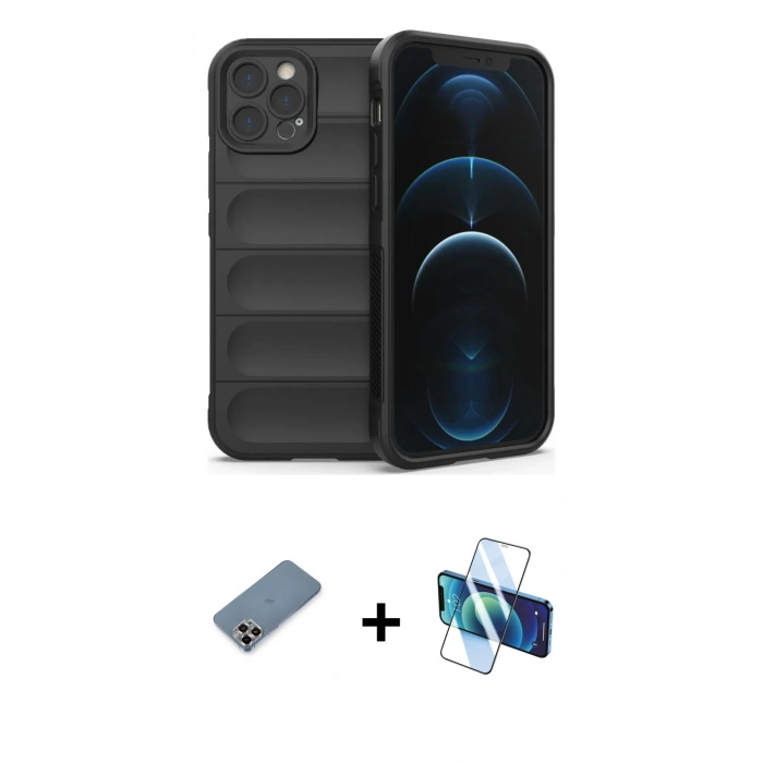 MARSİLYAN™- iPhone 12 Pro Kılıf Atlas Koleksiyonu - Siyah 3D Antistatik Seramik Nano Ekran Koruyucu + Metal Kamera Lens Koruma Cam - MR
