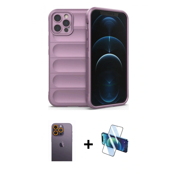 MARSİLYAN™- iPhone 12 Pro Kılıf Atlas Koleksiyonu - Siyah 3D Antistatik Seramik Nano Ekran Koruyucu + Neon Fosforlu Kamera Lens - SI