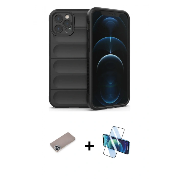 MARSİLYAN™- iPhone 12 Pro Kılıf Atlas Koleksiyonu - Siyah 3D Antistatik Seramik Nano Ekran Koruyucu + Shine Kamera Lens Koruma Cam - SABE