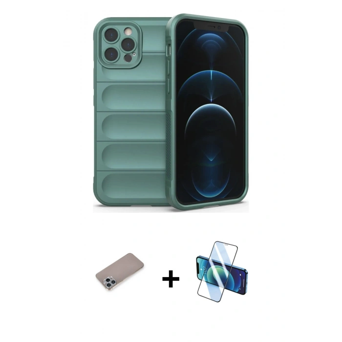 MARSİLYAN™- iPhone 12 Pro Kılıf Atlas Koleksiyonu - Siyah 3D Antistatik Seramik Nano Ekran Koruyucu + Shine Kamera Lens Koruma Cam - SABE