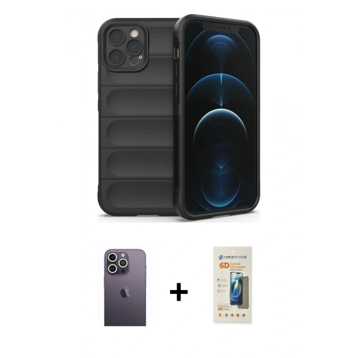 MARSİLYAN™- iPhone 12 Pro Kılıf Atlas Koleksiyonu - Siyah 6D Mat Seramik Hayalet Nano Ekran Koruyucu + Neon Fosforlu Kamera Lens - BZ