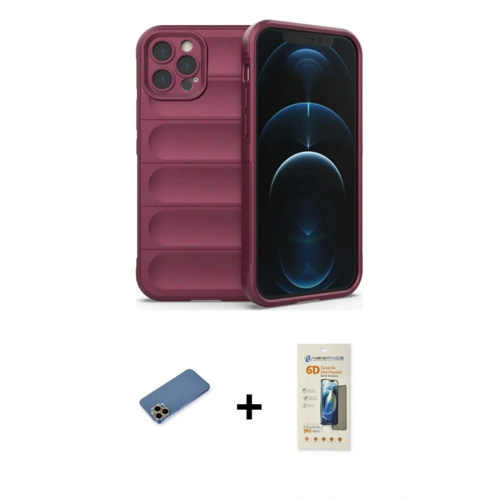 MARSİLYAN™- iPhone 12 Pro Kılıf Atlas Koleksiyonu - Siyah 6D Mat Seramik Hayalet Nano Ekran Koruyucu + Shine Kamera Lens Koruma Cam - GD