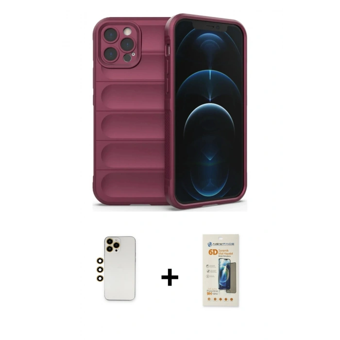MARSİLYAN™- iPhone 12 Pro Kılıf Atlas Koleksiyonu - Siyah 6D Mat Seramik Hayalet Nano Ekran Koruyucu + Shine Kamera Lens - GD