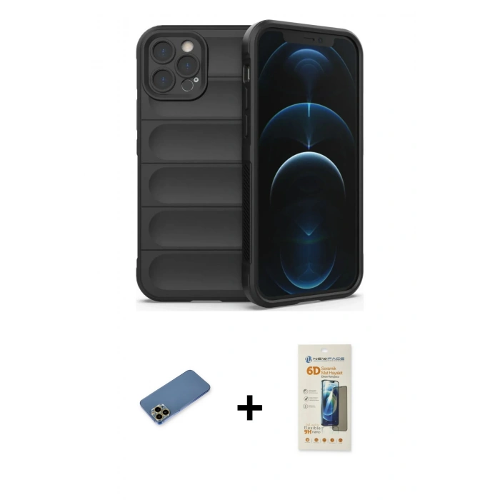 MARSİLYAN™- iPhone 12 Pro Kılıf Atlas Koleksiyonu - Siyah 6D Mat Seramik Hayalet Nano Ekran Koruyucu + Shine Kamera Lens Koruma Cam - GD