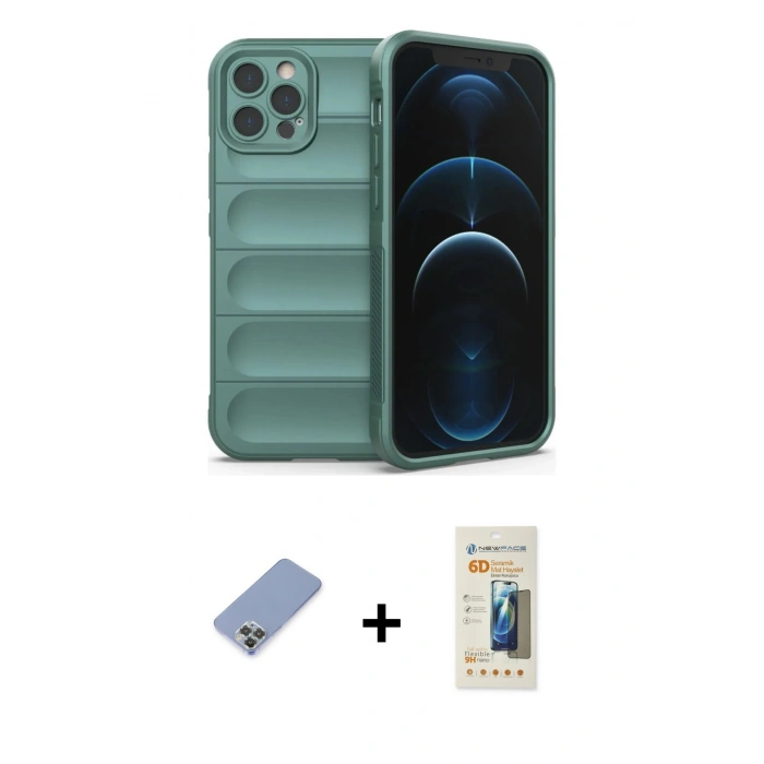 MARSİLYAN™- iPhone 12 Pro Kılıf Atlas Koleksiyonu - Siyah 6D Mat Seramik Hayalet Nano Ekran Koruyucu + Metal Kamera Lens Koruma Cam - KUYL