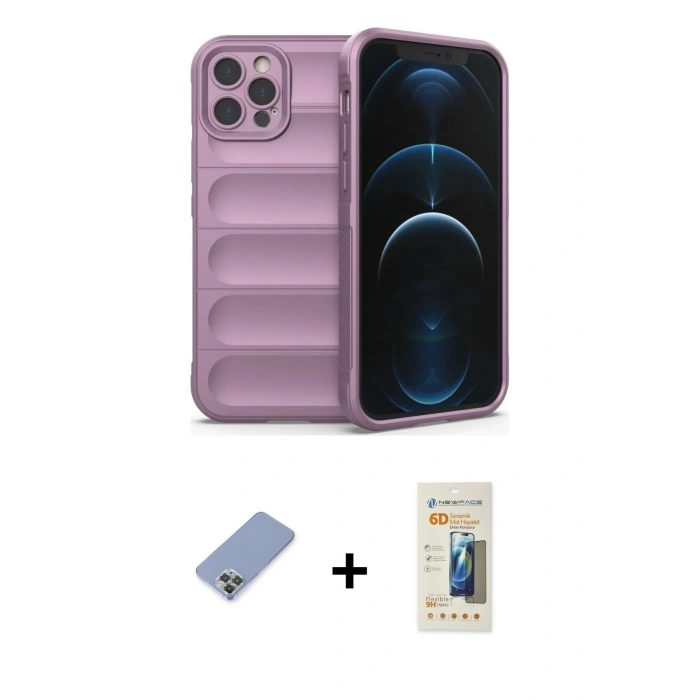 MARSİLYAN™- iPhone 12 Pro Kılıf Atlas Koleksiyonu - Siyah 6D Mat Seramik Hayalet Nano Ekran Koruyucu + Metal Kamera Lens Koruma Cam - KUYL
