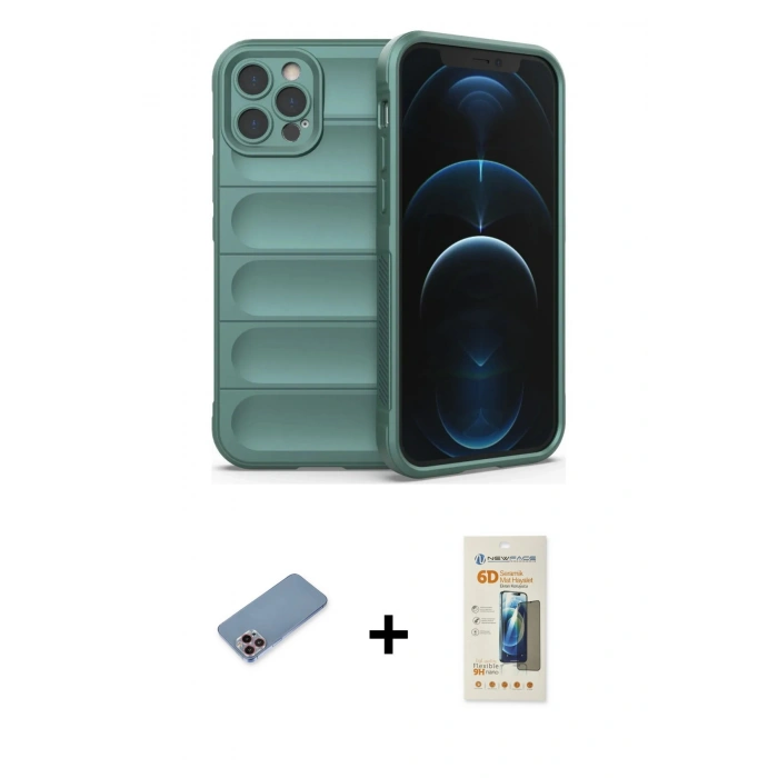 MARSİLYAN™- iPhone 12 Pro Kılıf Atlas Koleksiyonu - Siyah 6D Mat Seramik Hayalet Nano Ekran Koruyucu + Shine Kamera Lens Koruma Cam - PE