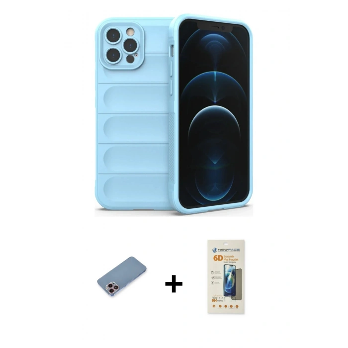 MARSİLYAN™- iPhone 12 Pro Kılıf Atlas Koleksiyonu - Siyah 6D Mat Seramik Hayalet Nano Ekran Koruyucu + Shine Kamera Lens Koruma Cam - PE