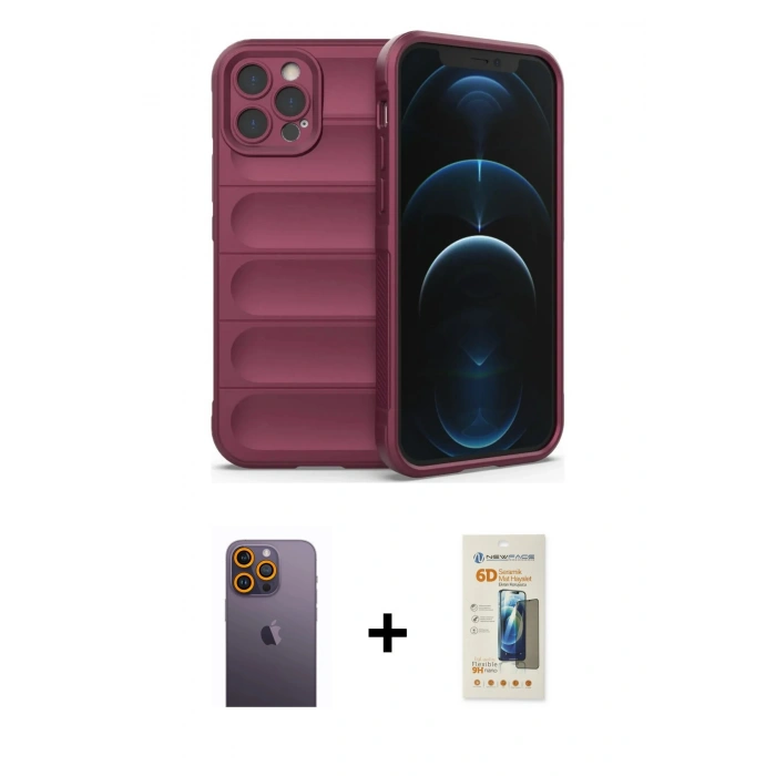 MARSİLYAN™- iPhone 12 Pro Kılıf Atlas Koleksiyonu - Siyah 6D Mat Seramik Hayalet Nano Ekran Koruyucu + Neon Fosforlu Kamera Lens - SI
