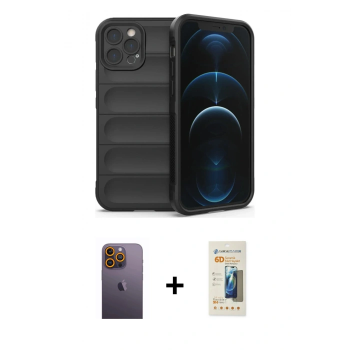 MARSİLYAN™- iPhone 12 Pro Kılıf Atlas Koleksiyonu - Siyah 6D Mat Seramik Hayalet Nano Ekran Koruyucu + Neon Fosforlu Kamera Lens - SI