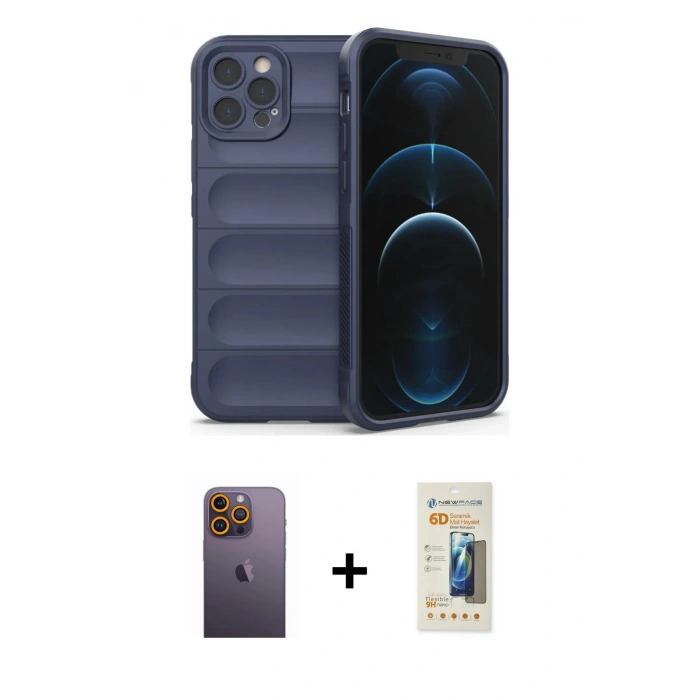 MARSİLYAN™- iPhone 12 Pro Kılıf Atlas Koleksiyonu - Siyah 6D Mat Seramik Hayalet Nano Ekran Koruyucu + Neon Fosforlu Kamera Lens - SI