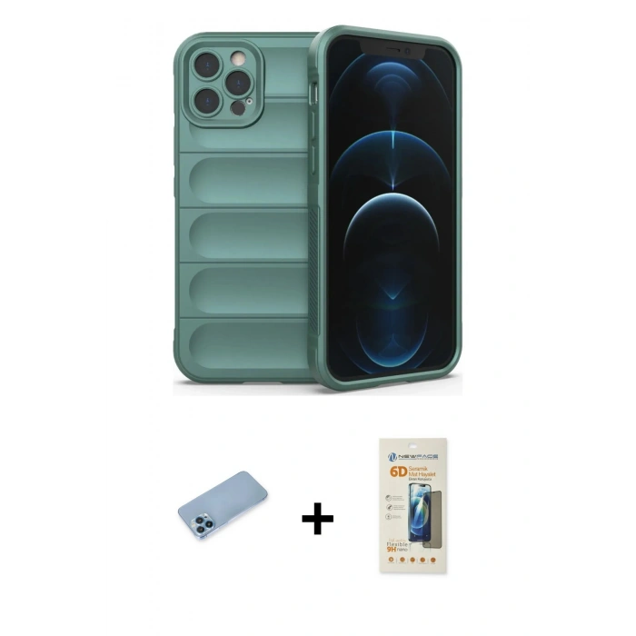 MARSİLYAN™- iPhone 12 Pro Kılıf Atlas Koleksiyonu - Siyah 6D Mat Seramik Hayalet Nano Ekran Koruyucu + Shine Kamera Lens Koruma Cam - MI