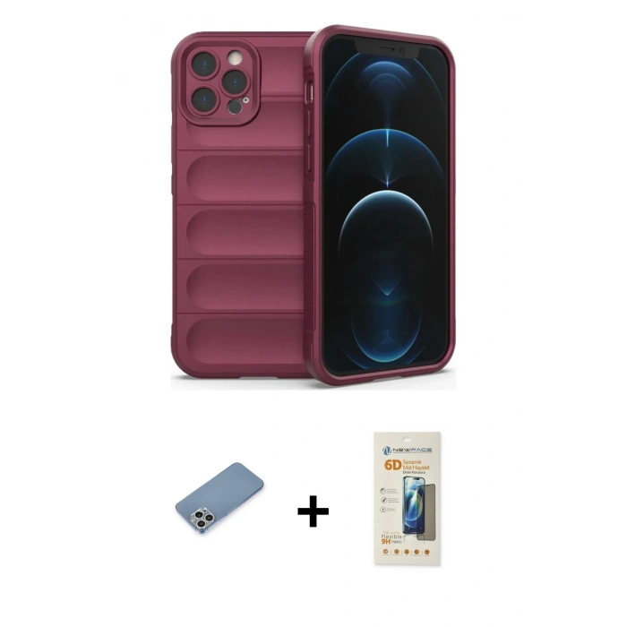 MARSİLYAN™- iPhone 12 Pro Kılıf Atlas Koleksiyonu - Siyah 6D Mat Seramik Hayalet Nano Ekran Koruyucu + Shine Kamera Lens Koruma Cam - GS