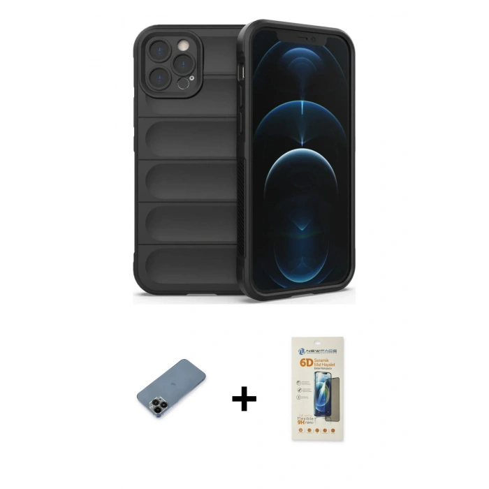 MARSİLYAN™- iPhone 12 Pro Kılıf Atlas Koleksiyonu - Siyah 6D Mat Seramik Hayalet Nano Ekran Koruyucu + Shine Kamera Lens Koruma Cam - SH