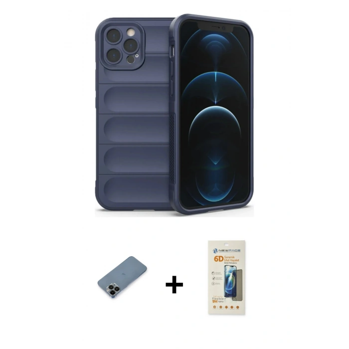 MARSİLYAN™- iPhone 12 Pro Kılıf Atlas Koleksiyonu - Siyah 6D Mat Seramik Hayalet Nano Ekran Koruyucu + Shine Kamera Lens Koruma Cam - SH