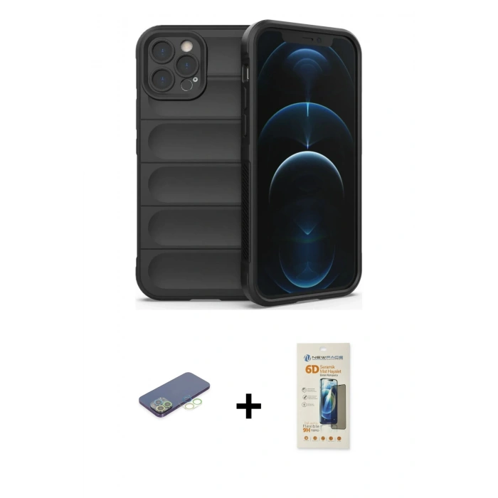 MARSİLYAN™- iPhone 12 Pro Kılıf Atlas Koleksiyonu - Siyah 6D Mat Seramik Hayalet Nano Ekran Koruyucu + Renkli Kamera Lens Koruma Cam - YL
