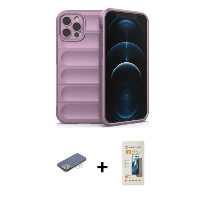 MARSİLYAN™- iPhone 12 Pro Kılıf Atlas Koleksiyonu - Siyah 6D Mat Seramik Hayalet Nano Ekran Koruyucu + Renkli Kamera Lens Koruma Cam - YL