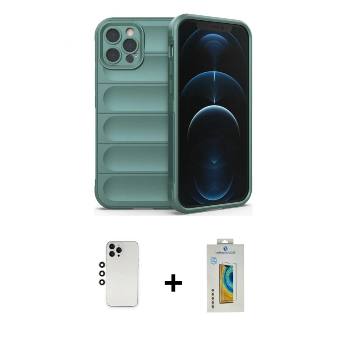 MARSİLYAN™- iPhone 12 Pro Kılıf Atlas Koleksiyonu - Siyah Polymer Nano Ekran Koruyucu + Shine Kamera Lens - GS