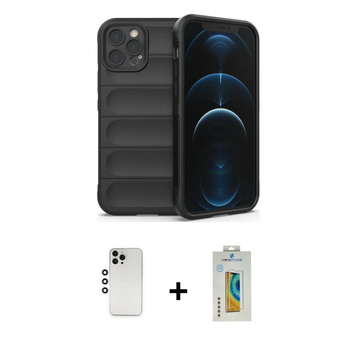 MARSİLYAN™- iPhone 12 Pro Kılıf Atlas Koleksiyonu - Siyah Polymer Nano Ekran Koruyucu + Shine Kamera Lens - GS