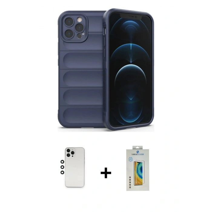 MARSİLYAN™- iPhone 12 Pro Kılıf Atlas Koleksiyonu - Siyah Polymer Nano Ekran Koruyucu + Shine Kamera Lens - GS