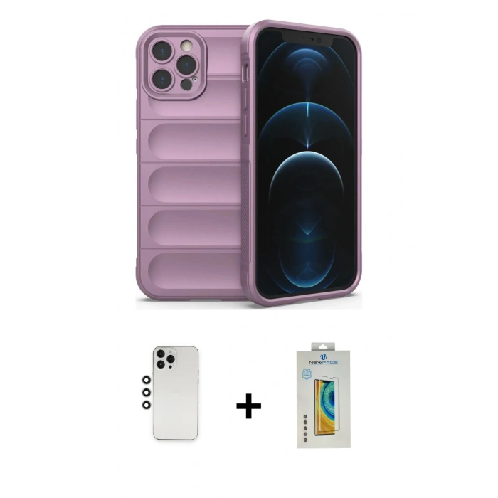 MARSİLYAN™- iPhone 12 Pro Kılıf Atlas Koleksiyonu - Siyah Polymer Nano Ekran Koruyucu + Shine Kamera Lens - GS