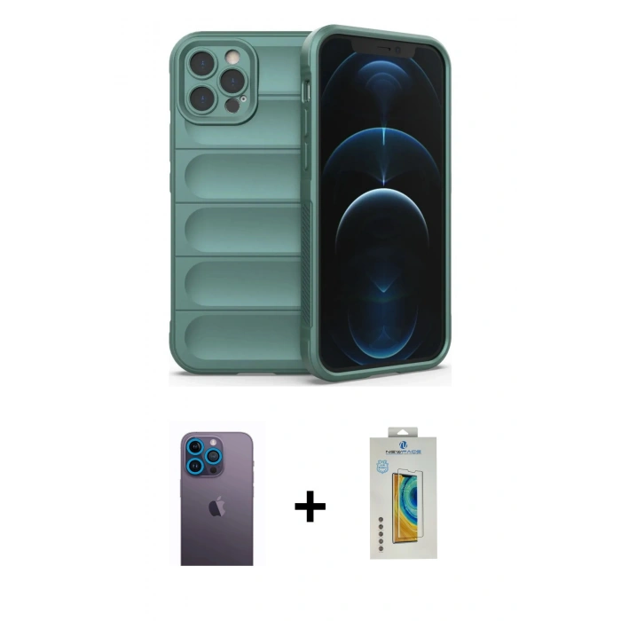 MARSİLYAN™- iPhone 12 Pro Kılıf Atlas Koleksiyonu - Siyah Polymer Nano Ekran Koruyucu + Neon Fosforlu Kamera Lens - MI
