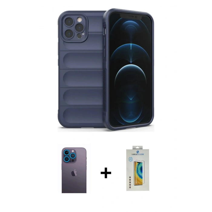 MARSİLYAN™- iPhone 12 Pro Kılıf Atlas Koleksiyonu - Siyah Polymer Nano Ekran Koruyucu + Neon Fosforlu Kamera Lens - MI