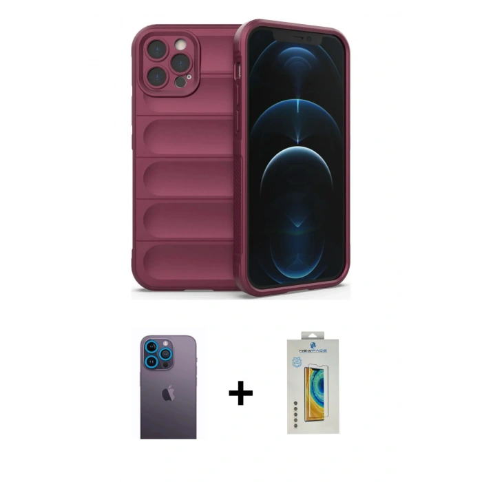 MARSİLYAN™- iPhone 12 Pro Kılıf Atlas Koleksiyonu - Siyah Polymer Nano Ekran Koruyucu + Neon Fosforlu Kamera Lens - MI