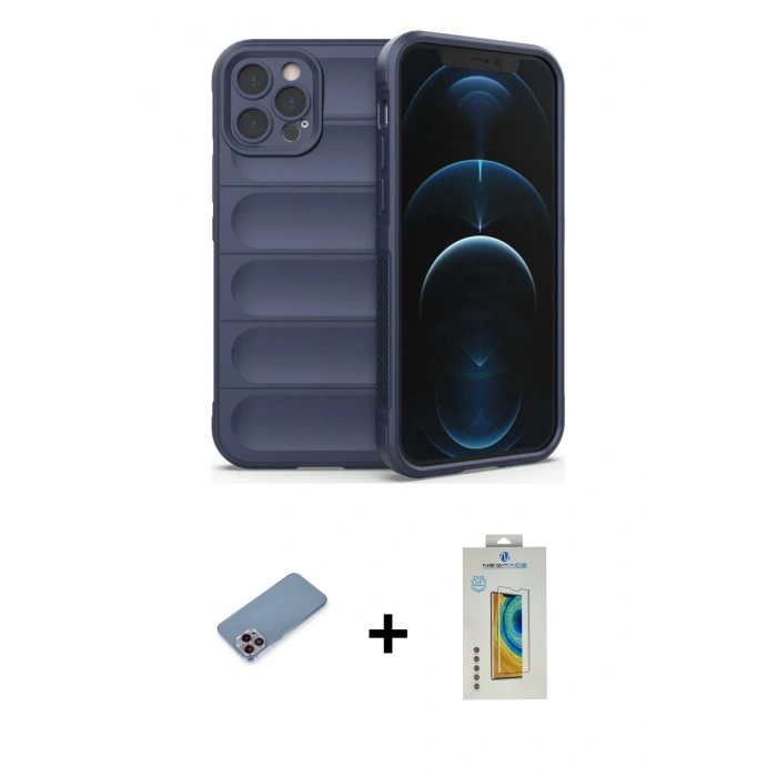 MARSİLYAN™- iPhone 12 Pro Kılıf Atlas Koleksiyonu - Siyah Polymer Nano Ekran Koruyucu + Shine Kamera Lens Koruma Cam - PE