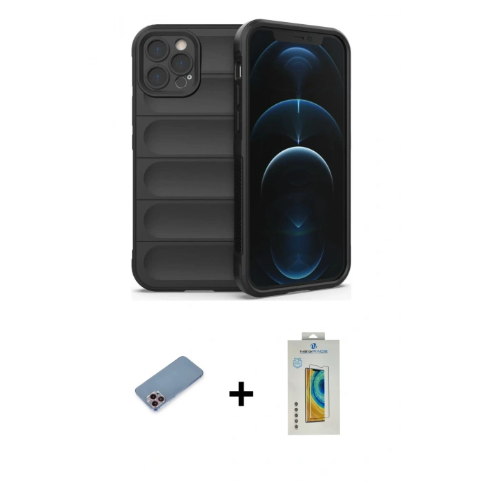 MARSİLYAN™- iPhone 12 Pro Kılıf Atlas Koleksiyonu - Siyah Polymer Nano Ekran Koruyucu + Shine Kamera Lens Koruma Cam - PE