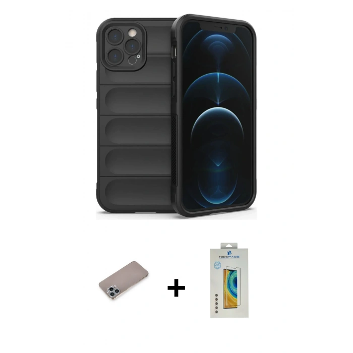 MARSİLYAN™- iPhone 12 Pro Kılıf Atlas Koleksiyonu - Siyah Polymer Nano Ekran Koruyucu + Shine Kamera Lens Koruma Cam - SABE