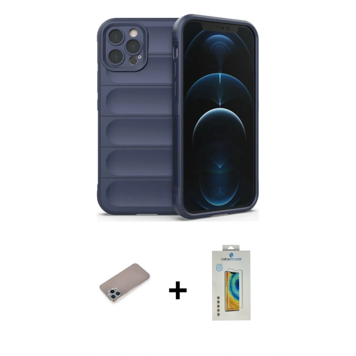 MARSİLYAN™- iPhone 12 Pro Kılıf Atlas Koleksiyonu - Siyah Polymer Nano Ekran Koruyucu + Shine Kamera Lens Koruma Cam - SABE