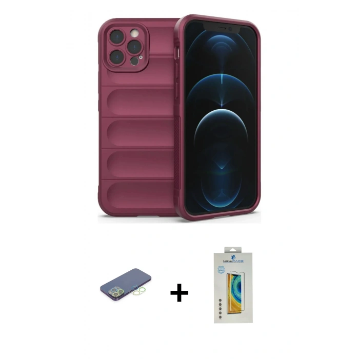 MARSİLYAN™- iPhone 12 Pro Kılıf Atlas Koleksiyonu - Siyah Polymer Nano Ekran Koruyucu + Renkli Kamera Lens Koruma Cam - YL