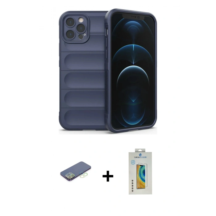 MARSİLYAN™- iPhone 12 Pro Kılıf Atlas Koleksiyonu - Siyah Polymer Nano Ekran Koruyucu + Renkli Kamera Lens Koruma Cam - YL