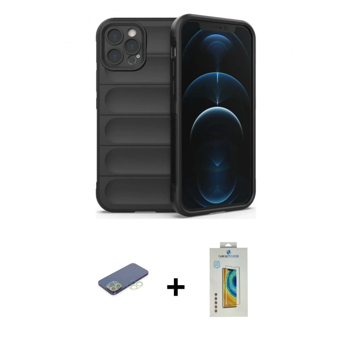 MARSİLYAN™- iPhone 12 Pro Kılıf Atlas Koleksiyonu - Siyah Polymer Nano Ekran Koruyucu + Renkli Kamera Lens Koruma Cam - YL