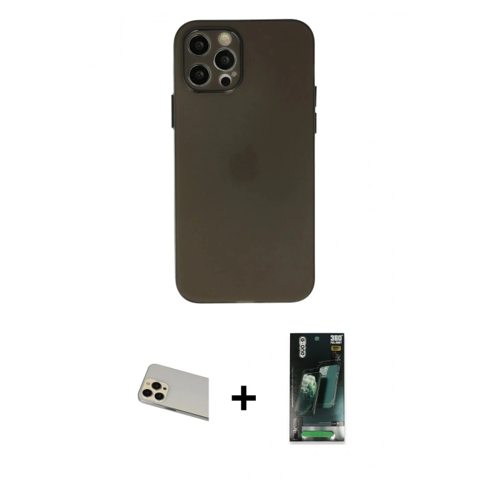 MARSİLYAN™- iPhone 12 Pro Kılıf Atlas Minimal Prime - Şeffaf 360 Full Body Arka Koruyucu + Rainbow Kamera Lens Koruma Cam - GD