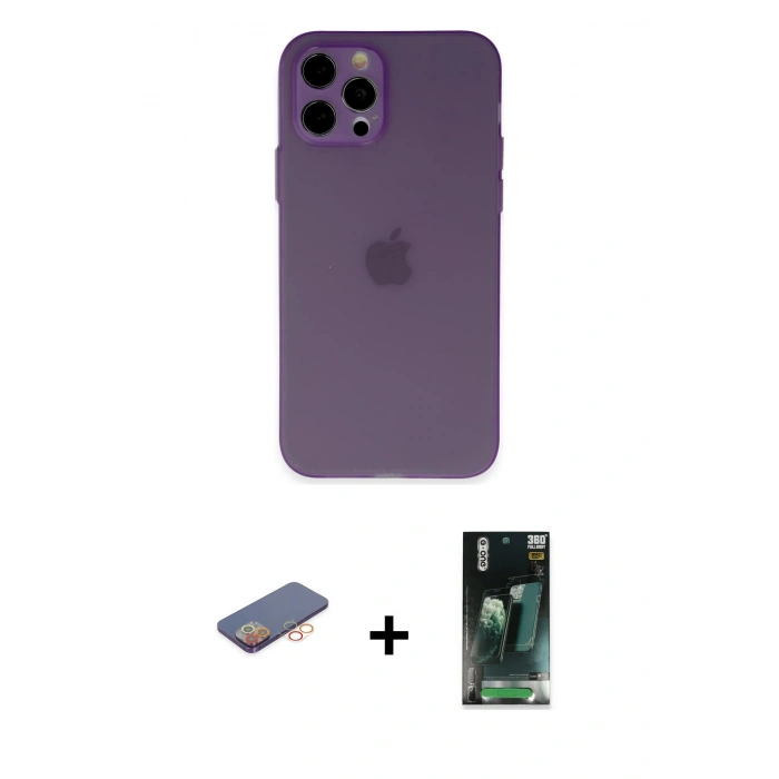 MARSİLYAN™- iPhone 12 Pro Kılıf Atlas Minimal Prime - Şeffaf 360 Full Body Arka Koruyucu + Renkli Kamera Lens Koruma Cam - TU