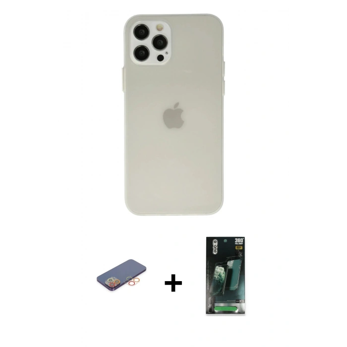 MARSİLYAN™- iPhone 12 Pro Kılıf Atlas Minimal Prime - Şeffaf 360 Full Body Arka Koruyucu + Renkli Kamera Lens Koruma Cam - TU