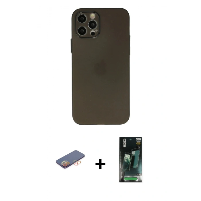 MARSİLYAN™- iPhone 12 Pro Kılıf Atlas Minimal Prime - Şeffaf 360 Full Body Arka Koruyucu + Renkli Kamera Lens Koruma Cam - TU