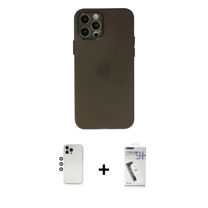 MARSİLYAN™- iPhone 12 Pro Kılıf Atlas Minimal Prime - Şeffaf Uv Polymer Nano Ekran Koruyucu + Shine Kamera Lens - GS