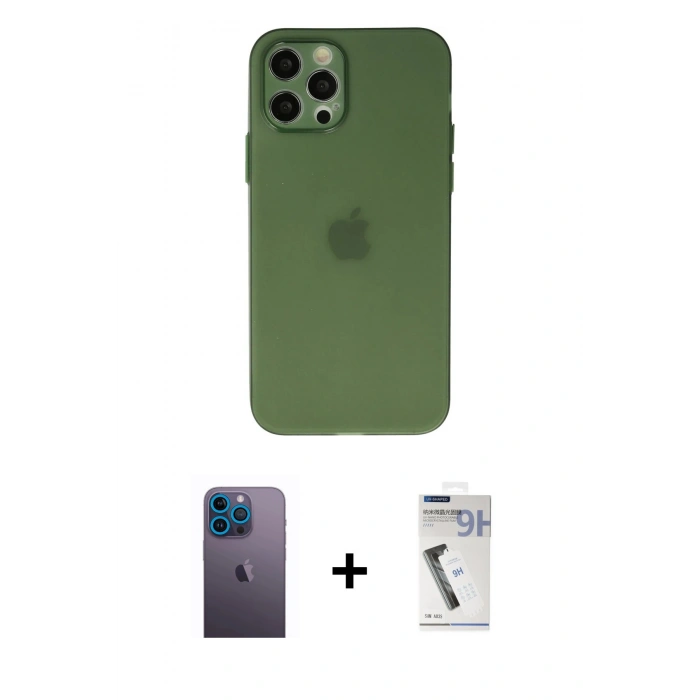 MARSİLYAN™- iPhone 12 Pro Kılıf Atlas Minimal Prime - Şeffaf Uv Polymer Nano Ekran Koruyucu + Mavi Neon Fosforlu Kamera Lens