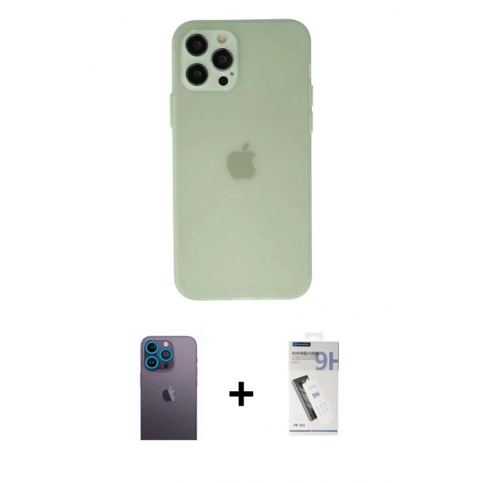 MARSİLYAN™- iPhone 12 Pro Kılıf Atlas Minimal Prime - Şeffaf Uv Polymer Nano Ekran Koruyucu + Mavi Neon Fosforlu Kamera Lens