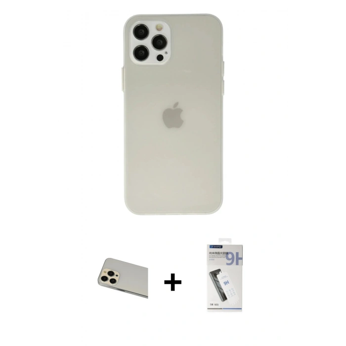 MARSİLYAN™- iPhone 12 Pro Kılıf Atlas Minimal Prime - Şeffaf Uv Polymer Nano Ekran Koruyucu + Rainbow Kamera Lens Koruma Cam - GD