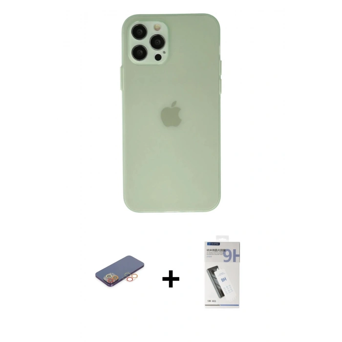 MARSİLYAN™- iPhone 12 Pro Kılıf Atlas Minimal Prime - Şeffaf Uv Polymer Nano Ekran Koruyucu + Renkli Kamera Lens Koruma Cam - TU