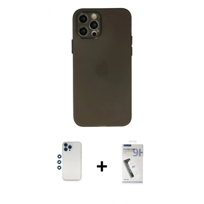 MARSİLYAN™- iPhone 12 Pro Kılıf Atlas Minimal Prime - Şeffaf Uv Polymer Nano Ekran Koruyucu + Shine Kamera Lens - MI