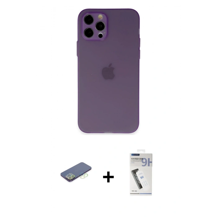 MARSİLYAN™- iPhone 12 Pro Kılıf Atlas Minimal Prime - Şeffaf Uv Polymer Nano Ekran Koruyucu + Renkli Kamera Lens Koruma Cam - YL