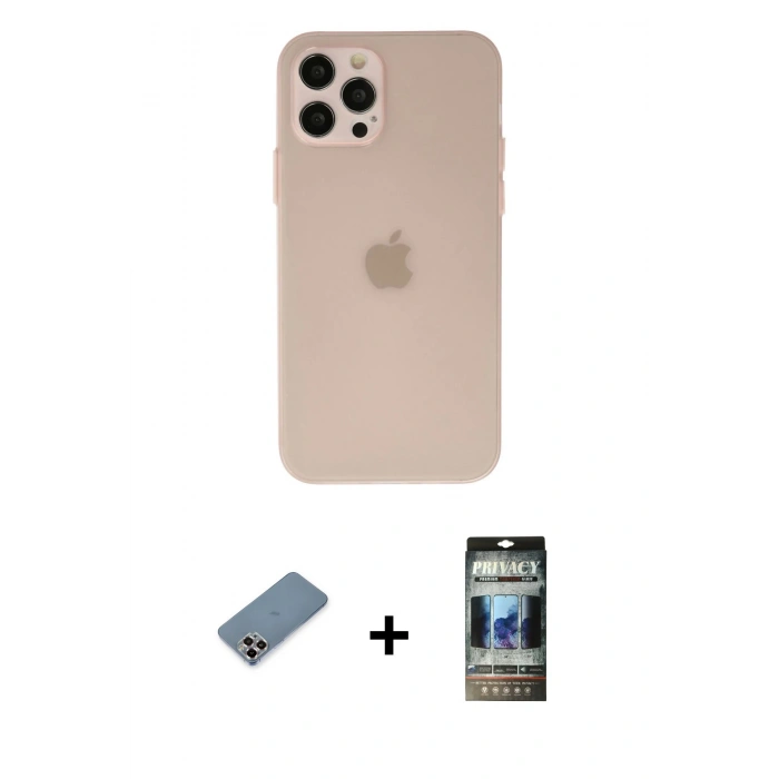 MARSİLYAN™- iPhone 12 Pro Kılıf Atlas Minimal Prime - Siyah 34D Hayalet Izgaralı Cam + Metal Kamera Lens Koruma Cam - MR